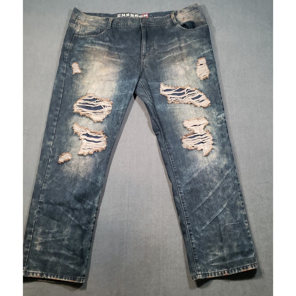 Denim House Distressed Jeans Mens 44x32 Blue Acid Wash Ripped Straight Leg Denim